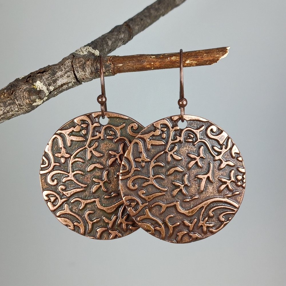 Embossed Copper Earrings Artisan Boho Botanical Garden Cottagecore Handcrafted - Picture 3 of 6